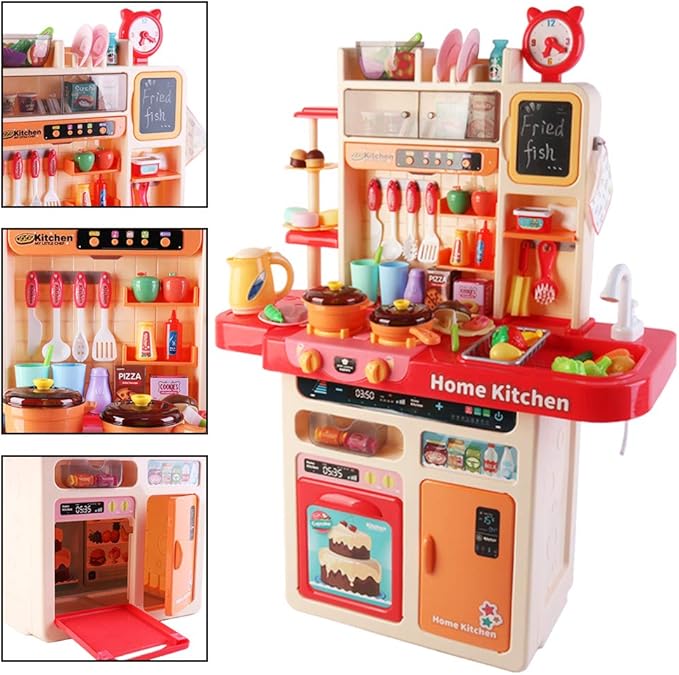 deAO My Happy Little Chef Kitchen 80 Pieces Pretend Play Set with Multi-Functional Button Panel, Light, Sound, Real Steam Functions and Colour Changing Accessories Included(Pink)