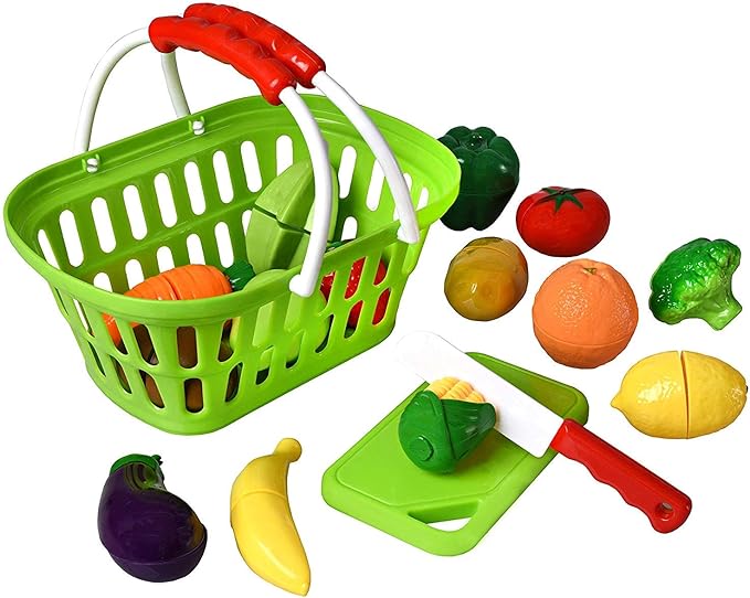 Playkidz: Fruit and Vegetables Basket Pretend Play Kitchen Food Educational Playset with Toy Knife, Cutting Board (32 Pieces of Food Toys)
