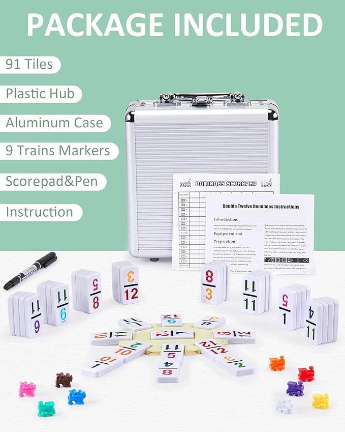 KAILE Mexican Train Dominoes Set with Numbers, 91 Tiles Double 12 Colored Dominoes Game Set with Aluminum Case for Families Kids 2-4 Players
