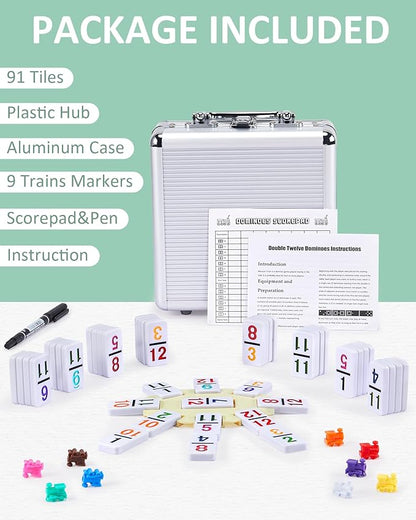 KAILE Mexican Train Dominoes Set with Numbers, 91 Tiles Double 12 Colored Dominoes Game Set with Aluminum Case for Families Kids 2-4 Players