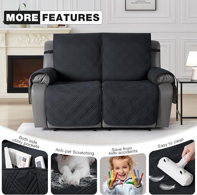 TAOCOCO 100% Waterproof Loveseat Recliner Cover, Non Slip Split Loveseat Covers for Reclining Loveseat with Elastic Straps, Washable Recliner Chair/Furniture Protector for Kids Pets(2 Seater, Black)