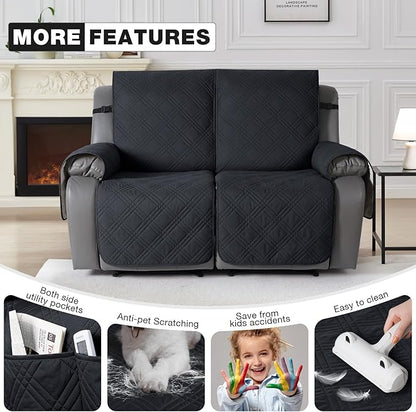 TAOCOCO 100% Waterproof Loveseat Recliner Cover, Non Slip Split Loveseat Covers for Reclining Loveseat with Elastic Straps, Washable Recliner Chair/Furniture Protector for Kids Pets(2 Seater, Black)