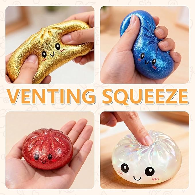Glitter Dumpling Squishy Box, Dumpling Squishies, Sensory Squeeze Toy for Stress Relief, Soft Decompression Dough for Adults Office and Home Use (Blue Emoji bun)