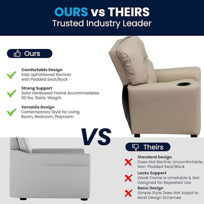 Flash Furniture Chandler Vinyl Kids Recliner with Cup Holder and Safety Recline, Contemporary Reclining Chair for Kids, Supports up to 90 lbs., Beige