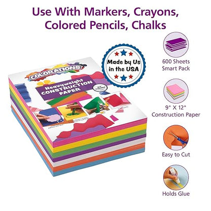 Colorations Construction Paper for Kids - 7 Bright Colors - 600 Bulk Sheets of 9"X12" - Assorted Pack of Heavy-Duty Craft Paper, Bulk School Supplies