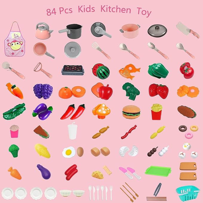 Kids Kitchen Toy Accessories Kitchen Playset Pretend Cooking Play Pots Pans Utensils Cookware Food Fruit Veges Shopping Storage Basket Learning Present for Girls Boys