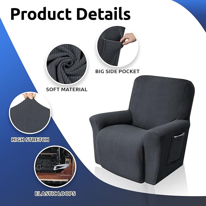 KEKUOU Recliner Chair Covers Lazy Boy Recliner Covers Stretch Couch Cover Slipcovers 1 Piece Furniture Protector with Elastic Bottom for Dog,Kids.(Recliner, Charcoal)