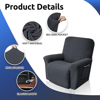 KEKUOU Recliner Chair Covers Lazy Boy Recliner Covers Stretch Couch Cover Slipcovers 1 Piece Furniture Protector with Elastic Bottom for Dog,Kids.(Recliner, Charcoal)