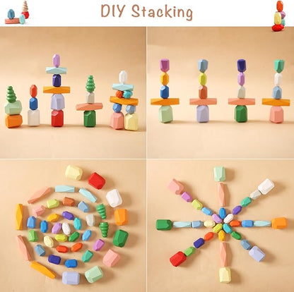 OESSUF Stacking Rocks 40Pcs Stacking Rocks Balancing Stacking Stones Wooden Stacking Toys Wooden Stone Stacking Game for Toddler Wood Sorting Montessori Stacking Rocks for Kids