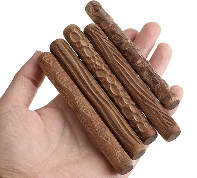 OwnMy Set of 5 Clay Modeling Pattern Rollers Kit, Fish Leaves Cobblestone Ripple Wood Grain Pattern 4.7 in Clay Rolling Pin Textured Hand Roller Wooden Handle Pottery Tools Set