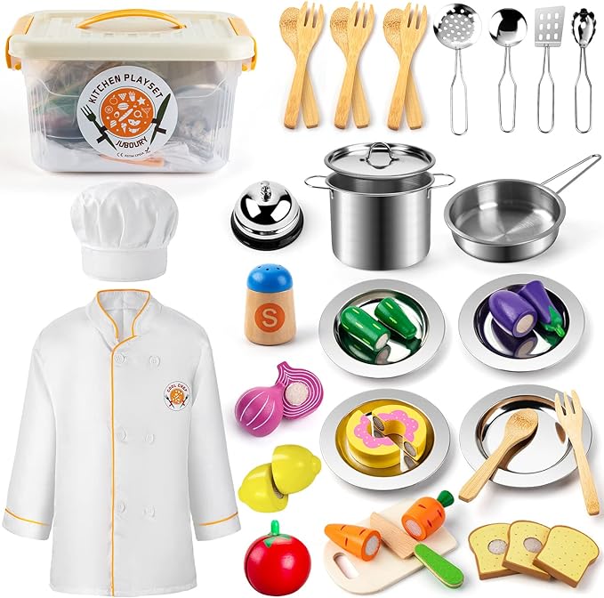 Juboury Pretend Play Kitchen Set - Toy Kitchen Accessories with Stainless Steel Cookware Pots and Pans, Plates, Cooking Utensils, Kids Chef Coat & Hat, Wooden Play Food for Kids, Girls, Boys, Toddlers