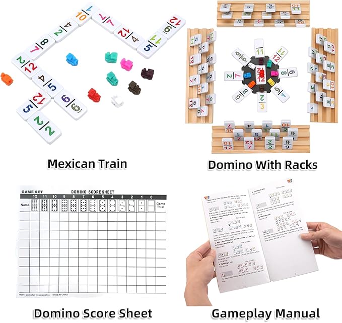 Mexican Train Dominoes Set Numbers and 8 Wooden Racks,Double 12 Travel Domino Train Game with 91 Colored Tiles and Protable Case, Number Domino Set for Kids, Adults Family Board Team Games