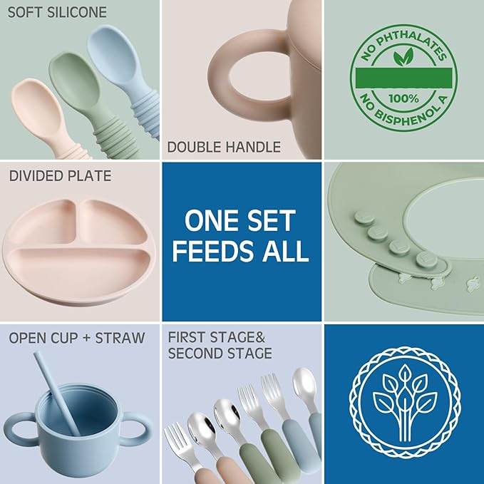 24 Pack Silicone Baby Feeding Set Baby LED Weaning Supplies Includes Suction Divided Plates Soft Bowl Spoons Forks Adjustable Bib Snack Cup and Straws(Gray Blue, Army Green, Beige)