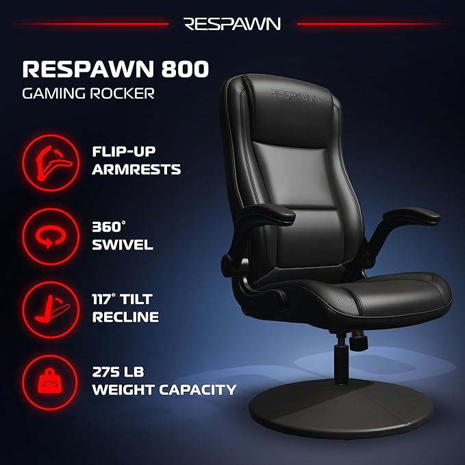 RESPAWN 800 Gaming Chair Floor, Swivel Rocker Gaming Chair, High Back Ergonomic Floor Gaming Chair for Kids and Adults, Gaming Recliner, Floor Rocker Chair with Armrests - Black