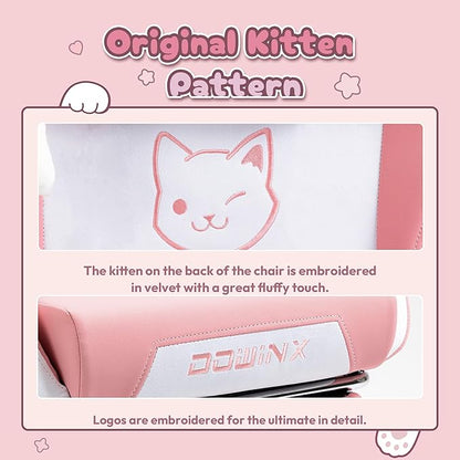 Dowinx Gaming Chair Cute with Cat Ears and Massage Lumbar Support, Ergonomic Computer Chair for Girl with Footrest and Headrest, Comfortable Reclining Game Chair 290lbs for Adult, Teen, Pink