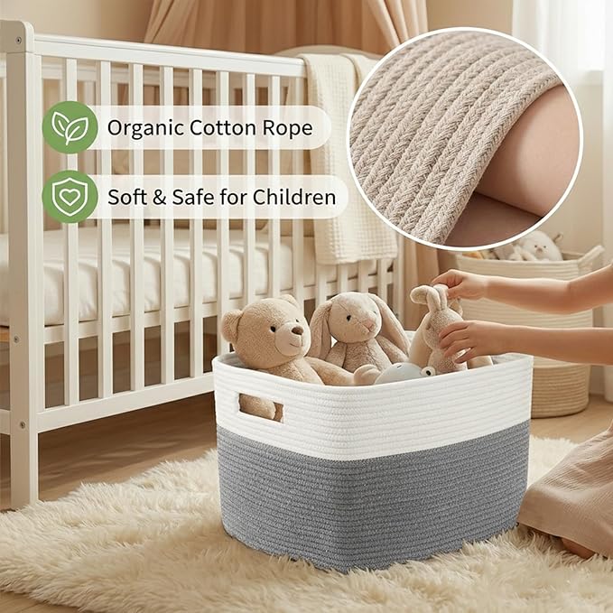 JMvicyroam Woven Blanket Basket,96L Large Storage Bin for Blankets Toys Clothes,Decorative Rope Basket for Living Room Bedroom with Handles, White&Grey