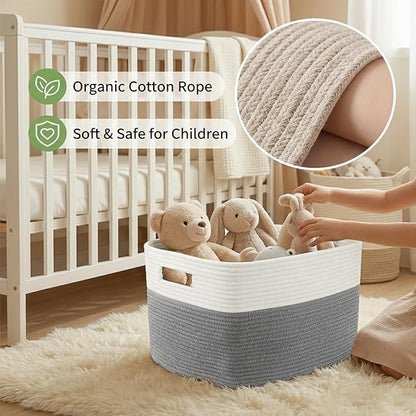 JMvicyroam Woven Blanket Basket,65L Large Storage Bin for Blankets Toys Clothes,Decorative Rope Basket for Living Room Bedroom with Handles, White&Grey