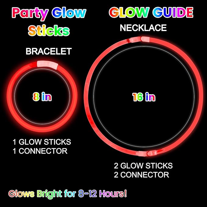 Red Glow Sticks Bulk Party Favors 100 Pack 8" Glow in the Dark Party Supplies Neon Party Decorations Glow Necklaces Bracelets for Kids Adults Birthday Halloween Christmas Easter Wedding