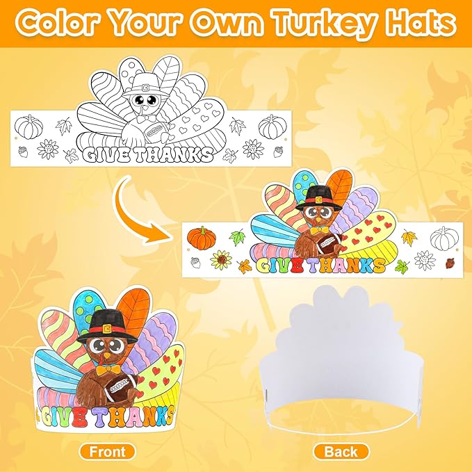Color Your Own Turkey Crowns,24Pcs Thanksgiving Turkey Coloring Crowns Paper Turkey Hats Thanksgiving Crafts for Kids Family Classroom School and Holiday Craft Activity