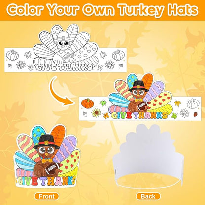 Color Your Own Turkey Crowns,24Pcs Thanksgiving Turkey Coloring Crowns Paper Turkey Hats Thanksgiving Crafts for Kids Family Classroom School and Holiday Craft Activity