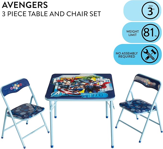 Idea Nuova Marvel Avengers 3 Piece Children's Activity Square Table and 2 Folding Chairs Set, Ages 3+