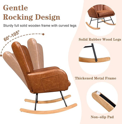 VECELO Rocking Chair Nursery with Thick Headrest, Modern PU Upholstered Reading Glider Rocker Accent Armchair with High Backrest, Padded Seat, Side Pocket, for LivingRoom, Bedroom, Baby Room, Brown
