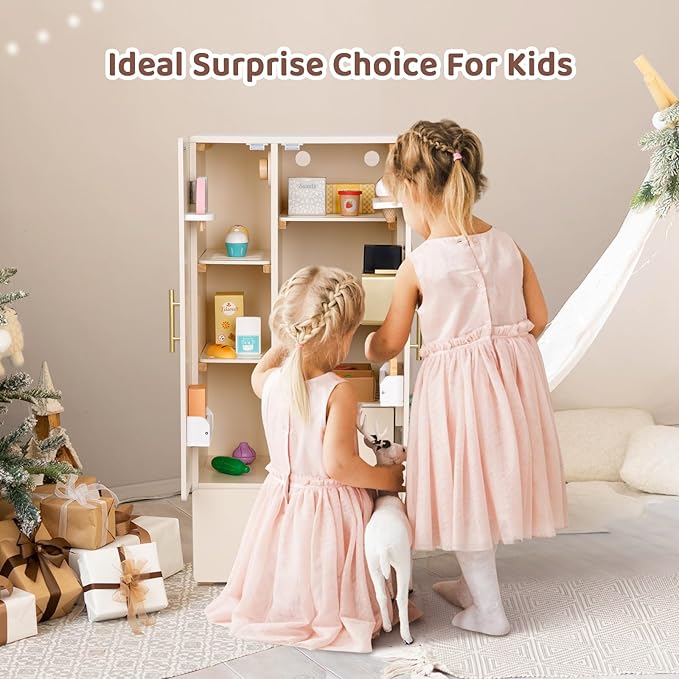 Play Refrigerator for Kids, Wooden Play Fridge with Ice Maker, Pretend Playset Toy Kitchen Sets for Toddlers