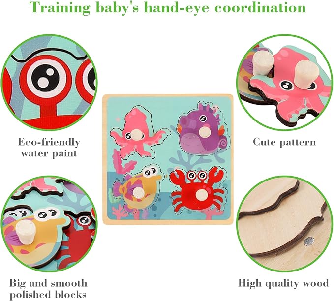 Wooden Peg Puzzles for Toddlers 1-3, Kids' Educational Preschool Peg Puzzle Toy, Set of 4 Toddler Puzzles - Farm, Dinosaur, Fruit and Marine Animals, Ideal Gift for Ages 1 2 3 Boys and Girls