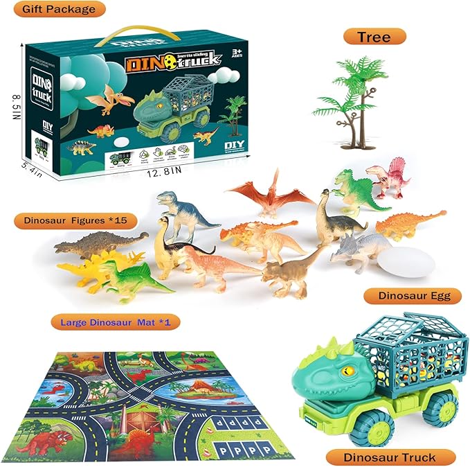 HONGID Dinosaur Truck Toys for Kids 3-5,Tyrannosaurus Car Toy with 15 Dino Figures,Large Activity Play Mat, Dinosaur Eggs, Dinosaur Play Set for Boys and Girls,Christmas Xmax,Stocking Stuffers