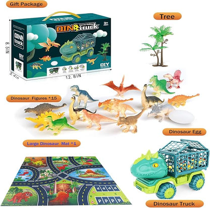 HONGID Dinosaur Truck Toys for Kids 3-5,Tyrannosaurus Car Toy with 15 Dino Figures,Large Activity Play Mat, Dinosaur Eggs, Dinosaur Play Set for Boys and Girls,Christmas Xmax,Stocking Stuffers