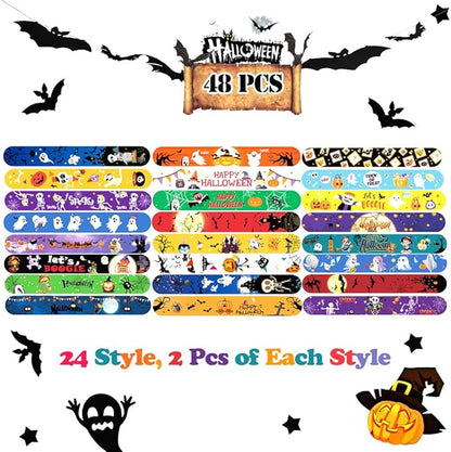48Pcs Halloween Slap Bracelets for Kids, Trick or Treat Halloween Gifts for Party Favors, Classroom Prizes, Carnival Prizes,Halloween Goodie Bags (Halloween Slap Bracelets)