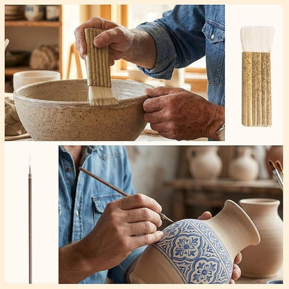 Set of 14 Wool Soft Pottery Glaze Brushes for Ceramic Glazing Acrylic Watercolor Oil Painting, Includes Sponge, Mop, Hake, Sumi, Fan, Fine Brush Bristle for Clay Kiln Blending Supplies