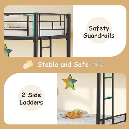 VECELO Twin Over Twin Bunk Bed with Built-in Ladder and Safety Guardrail, Heavy Duty Metal Bunkbeds, Space Saving, No Box Spring, Black