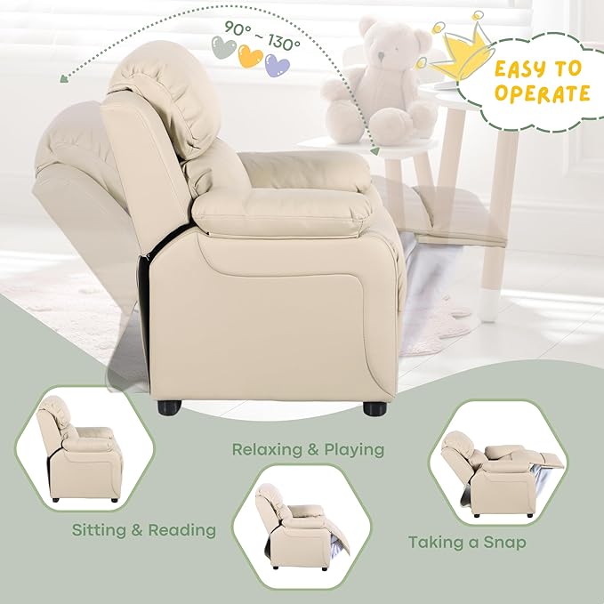 Macaron Kids Reclining Chair Recliner Dual Storage Armrest Leather Sofa Toddler Youth Children Child Ages 2-8
