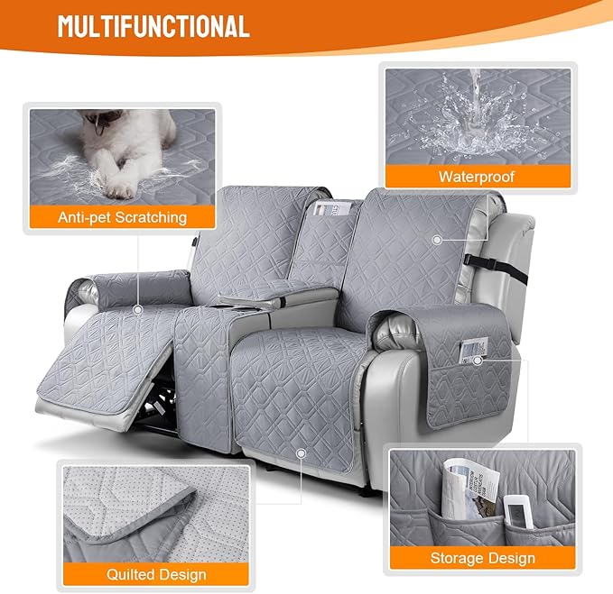 VANSOFY Loveseat Recliner Cover with Console 100% Waterproof Sofa Slipcovers Non-Slip Reclining Couch Cover Split Sofa Covers Furniture Protector for Pets, Dogs(Light Gray)