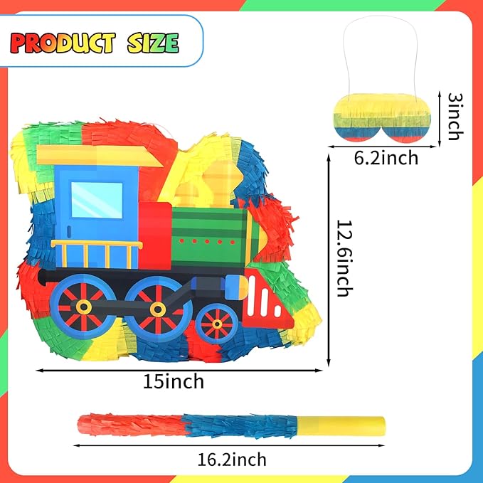 3D Train Pinata with Blindfold Stick Confetti, Railroad Themed Party Supplies, Train Pinata for Boys Birthday Party Supplies,Train Theme Party Decoration for Kids Girls Boys,15.8x11.8x2 Inches