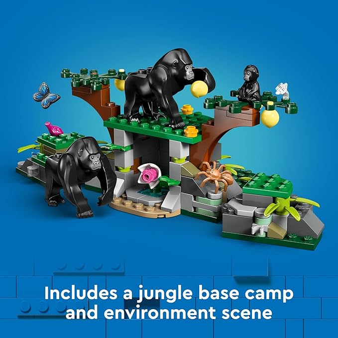 LEGO City Jungle Explorer Helicopter Toy at Base Camp - Kids Toy Adventure Building Set for Boys & Girls, Ages 8+ - with 5 Minifigures & Gorilla Figures - Gift Ideas for Birthdays - 60437