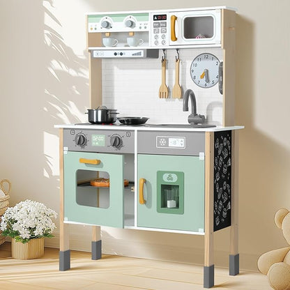 Play Kitchen Wooden Kids Kitchen Playset Pretending Toys for Toddlers with Real Lights & Sounds, 3 Heights Adjustable, Chalkboard, 35Pcs Toy Food & Cookware Accessories-Green