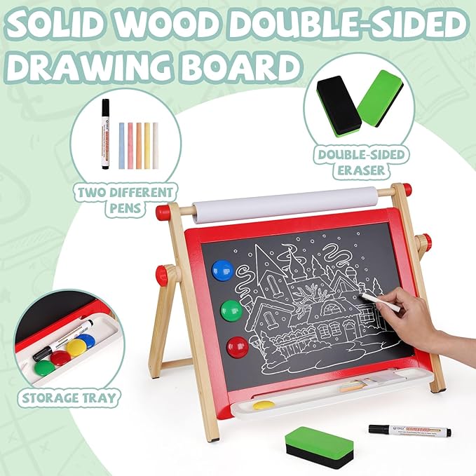 Kids Art Easel, Tabletop Easel for Kids,Wooden Double Sided Kids Easel with Magnetic Whiteboard,Chalkboard and Paper Roll,Great for Girls Boys Ages 3 4 5 Gift
