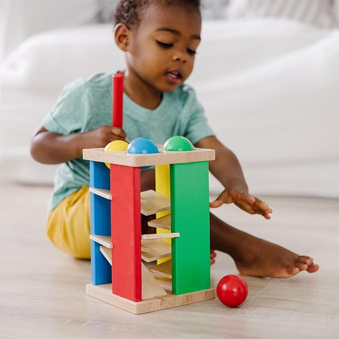 Melissa & Doug Deluxe Pound and Roll Wooden Tower Toy With Hammer - Pound A Ball, Educational Toddler Toys, Wooden Pounding Bench For Ages 2+