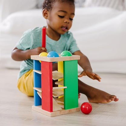 Melissa & Doug Deluxe Pound and Roll Wooden Tower Toy With Hammer - Pound A Ball, Educational Toddler Toys, Wooden Pounding Bench For Ages 2+