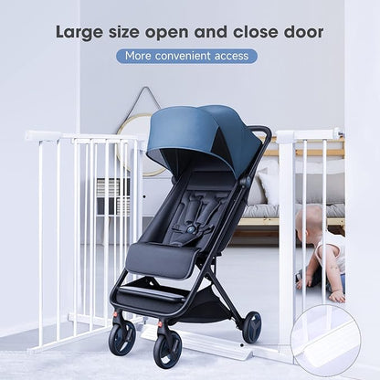 Baby Gate for Doorways Stairs and House, Auto Close Safty Gates, Extra Wide Child Gate, Extra Tall Walk Through Pet Gate, White Metal Baby Gate Dog Gate, Pressure Mount.