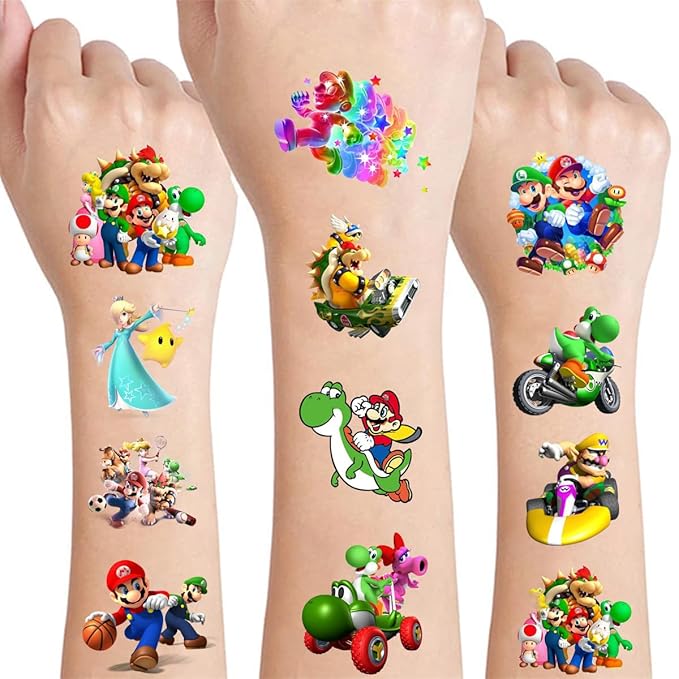 60 Pcs Cartoon Temporary Tattoos for Kids, Children's Temporary Tattoo Toys, DIY Sticker Arts, Mario Birthday Party Supplies Decorations Party Favors
