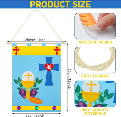12 Set First Communion Banner Craft Kit Felt Holy 1st Communion Banner Church and Sunday School Crafts for Kids DIY Craft Supplies Decor, 9 x 12 Inches(Classic Style)