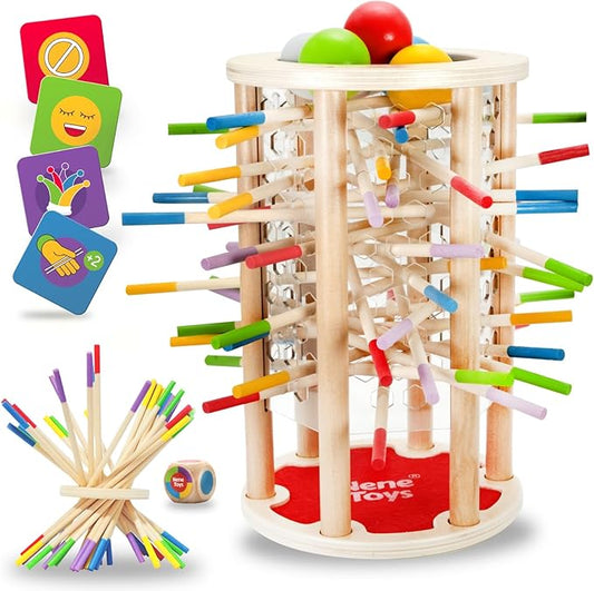 Nene Toys Ballfall, Montessori Toy from 3 Years - Educational Board Game with Colourful Sticks, Dice & Cards - Wooden Toy for Boys and Girls 3-9 Years - Children's Game from 3 Years
