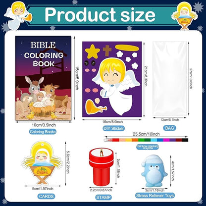 Zhanmai 108 Pcs Christmas Party Favors Bible Coloring Book with Stacking Crayons for Kids Squishes Christmas Toys DIY Sticker Stampers Goodie Bag Fillers Supplies School Educational Reward Prizes