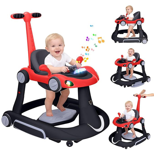 Baby Walker with Wheels, 5-in-1 Foldable Infant Toddler Walker for Boys Girls 6-18 Month, Music Walker for Baby with Car Steering Wheel &Removable Footrest,Baby Push Walker in Red and Black