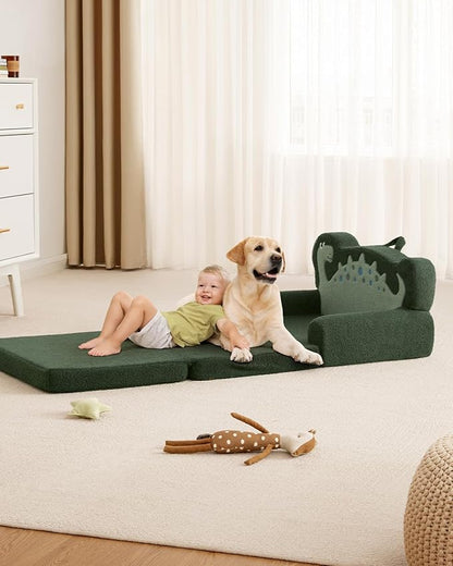 Blissful Diary Kids Couch, 2-in-1 Soft Toddler Couch Fold Out, Toddler Chair Comfy, Convertible Sofa to Lounger with Cute Dinosaur Designs, Dark Green