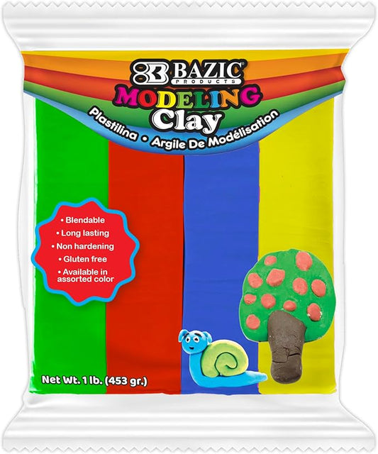 BAZIC Modeling Clay 4 Primary Color 1 LB, Light Dough Art Craft, Non Toxic Gift for Artist Kids Toddler Boys Girls, Bulk for Classroom, 1-Pack