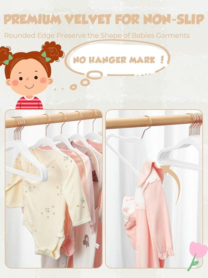 Smartor Premium Baby Hangers Velvet for Closet 50 Pack, 11.8" Durable Kids Felt Hangers Non Slip for Toddler, Baby Clothes Hangers for Childrens on Closet Storage (Rose Gold Hook)- White